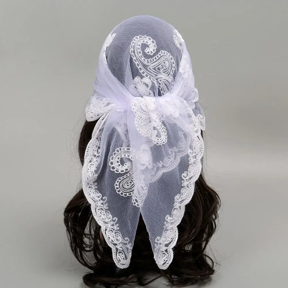Embroidered Lace Embroidery Square Scarf Cashew Pattern Lace Trim Lace Headwrap Mesh Breathable Fabric Cashew Flower Bandana