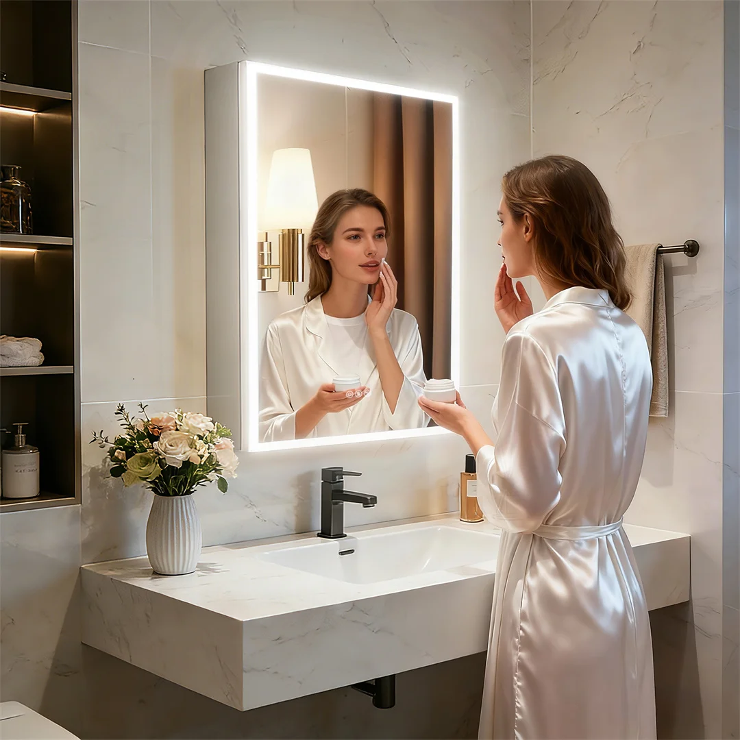 LUVODI 20x28" LED Bathroom Mirror Cabinet with Bluetooth,Lighted Storage Vanity Medicine Cabinet, Dimmable Anti-Fog