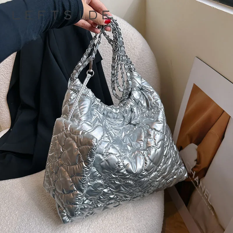 LEFTSIDE large Silver Shoulder Bag for Women 2023 Korean Fashion Y2K Designer Soft Hobo Bag Trends Winter Handbags and Purses