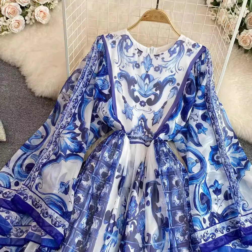 Moda Maxi abito donna manica a pipistrello stampa porcellana blu e bianca abiti da spiaggia estivi firmati vacanza bohémien