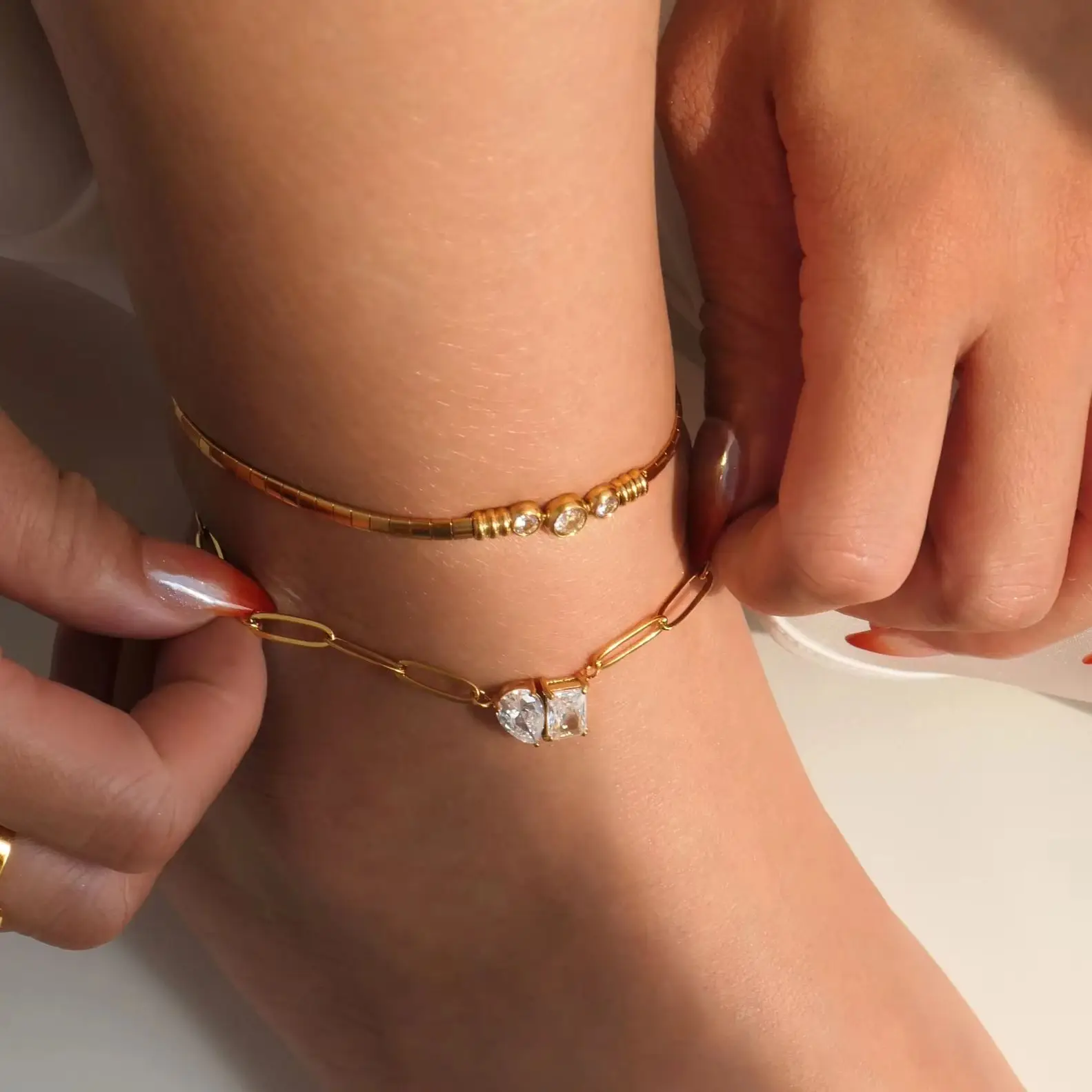 DASEIN 18k Gold Plated Vintage Clear Tear Zircon Stackable Anklet Set Tarnish Free Stainless Steel Lady Jewelry Accessories