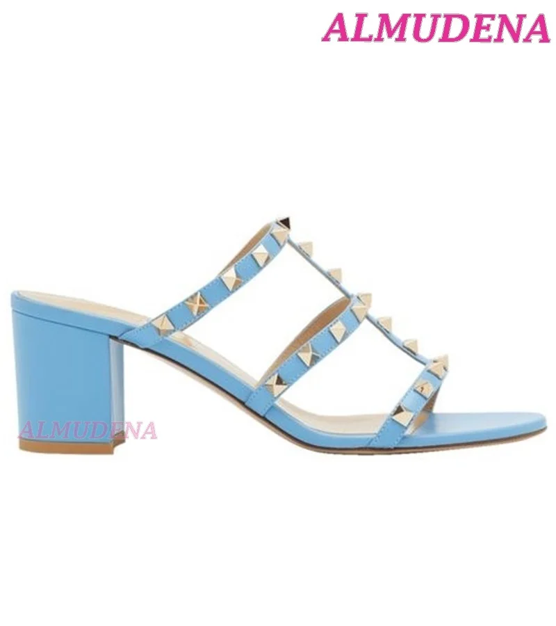 Rockstud Block Heel Leather Sandals Colorful Straps Mid Heels Slippers Women Summer Luxury Designer Party Office Dress Shoes