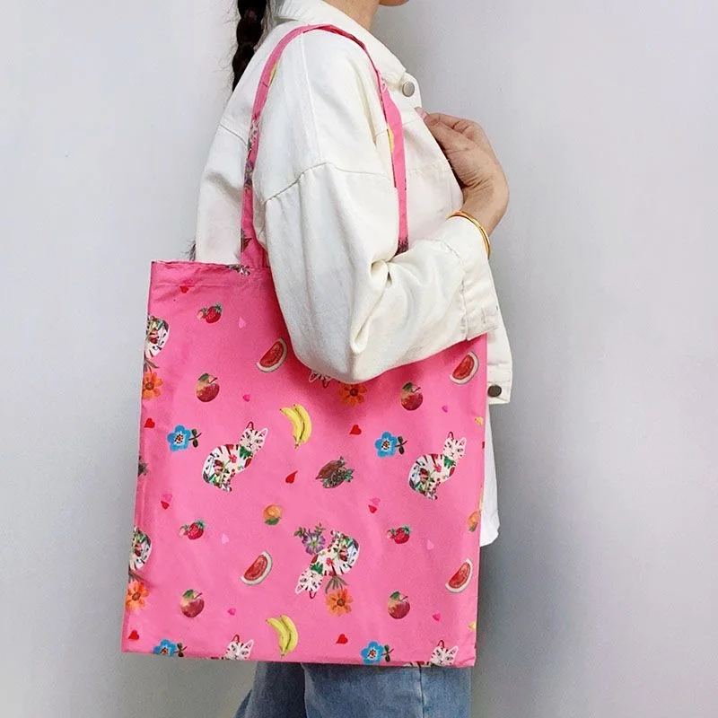 

Pink Cat & Fruit Print Tote Bag, Reusable Polyester Shoulder Bag for Daily & Shopping Use