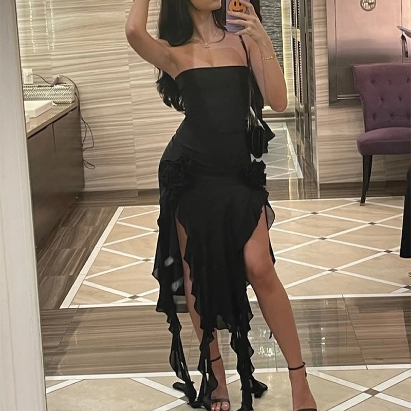 Sexy Strapless Tube Long Dress Summer Women Sleeveless Backless Irregular Layered Ruffled Tassels Skirt Y2K Fashion Slim Dresses