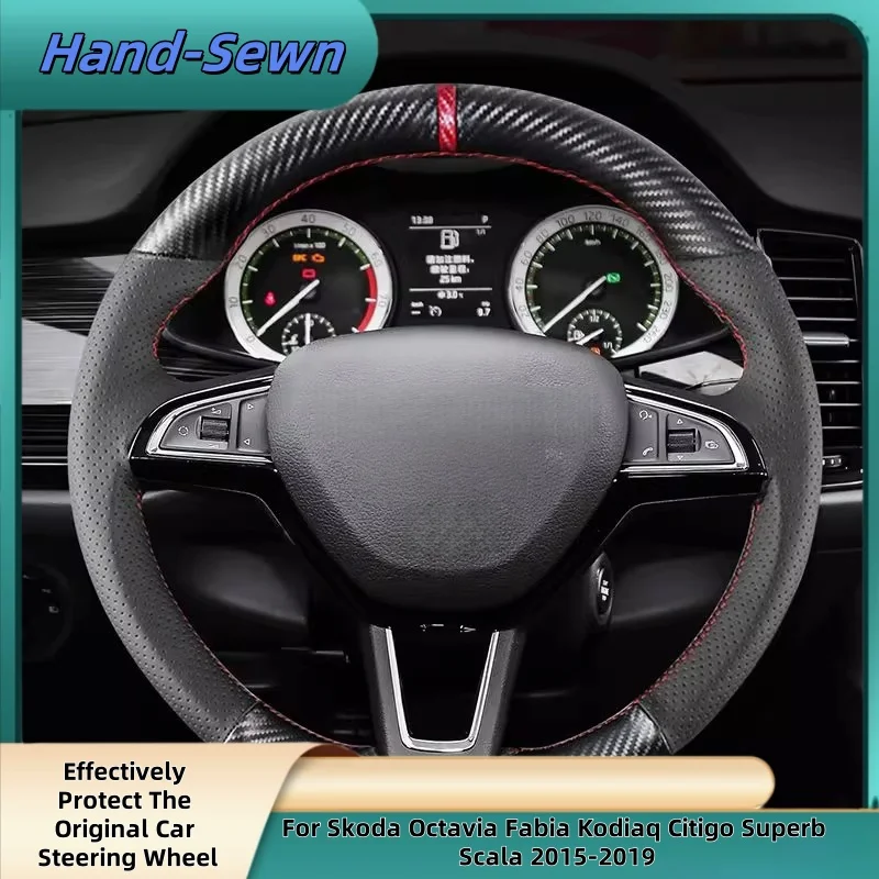 Car Steering Wheel Cover Hand-Sewn Genuine Leather For Skoda Octavia Fabia Kodiaq Citigo Superb Scala 2015-2019 Car Accessories