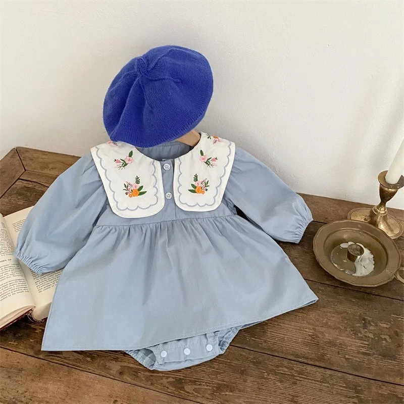 2024 Summer Autumn New Baby Embroidered Lapel Romper Girls Cotton Princess Dress Bodysuit Kids Blue Long Sleeve Jumpsuit Clothes