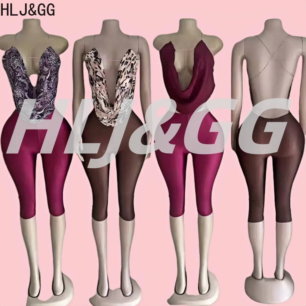 

HLJ&GG Trendy Women Print Backless Metal Sling Two Piece Sets Y2K Sleeveless Hollow Crop Top And Skinny Pants Outfits Streetwear