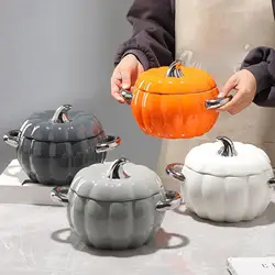 Ceramic Stew Pot with Lid and Double Handle Multi-functional Pumpkin Kitchen Pot Soup Bowl Soup Pot Kitchen Utensils