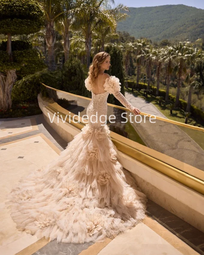 Customized Champagne Strapless Women's Wedding Dresses 3D 3D Flower Ruffle Lace Bridal Gowns vestidos de novia boda civil