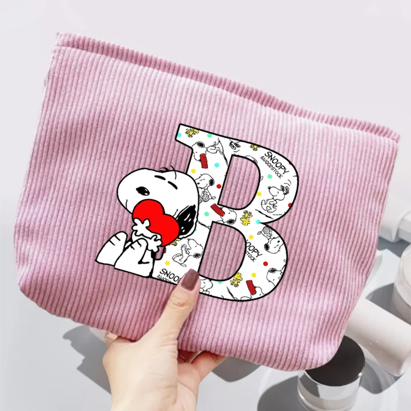 Snoopy Woman's Cosmetic Bag Corduroy Letter A-Z Fashion Zipper Purses Large Capacity Travel Portable Storage Female Makeup Bags