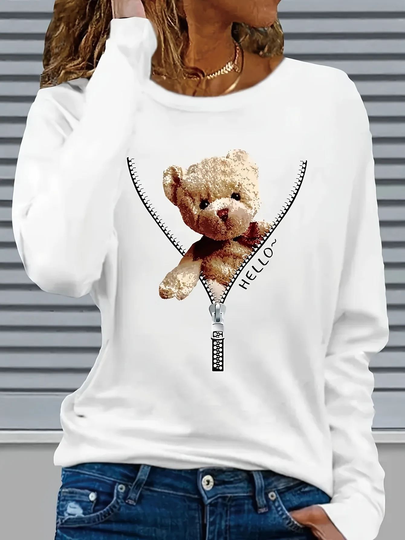 المرأة الربيع والخريف 100% القطن عادية فضفاض تيدي بير نمط مرحبا سلسلة تصميم مطبوعة جولة الرقبة طويلة الأكمام تي شيرت #2