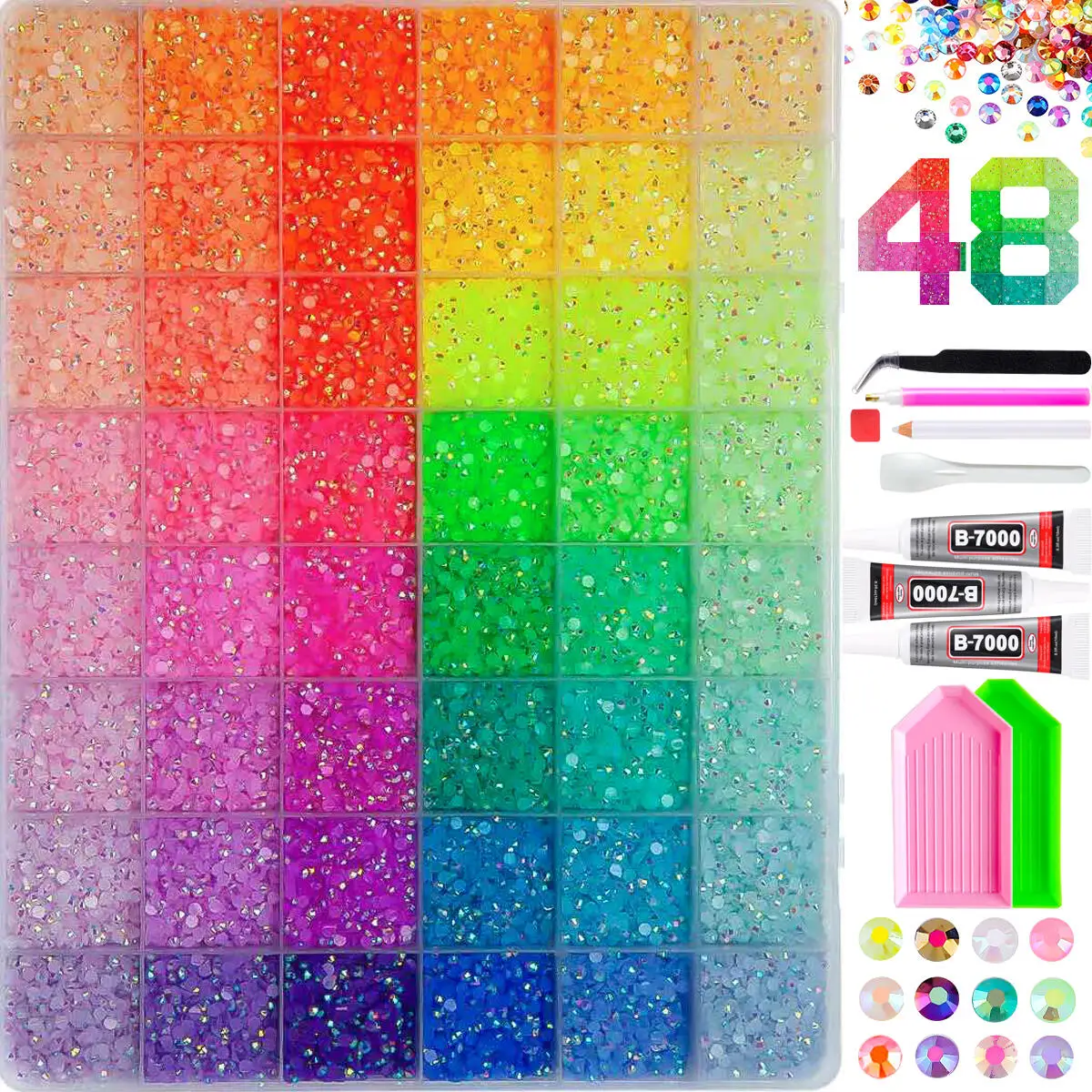 1Box 3mm 48 Colors Semi-circular Nail Rhinestones Bedazzling Kit Multicolors Bling Flatback Resin Nails Diamond DIY Nails Crafts