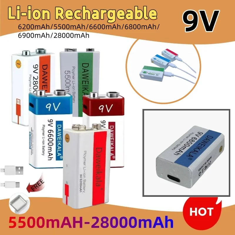 

28000mAh 6900mAh 9V Rechargeable Lithium Battery USB Charging for Microphone/Smoke Detector/Guitar Pedal/Radio Long-Lasting