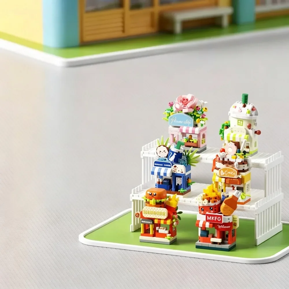 Street View Shop Series Micro Particle Building Blocks Assembly Burger Beverage Store Model Desktop Ornament Gift 24 Styles