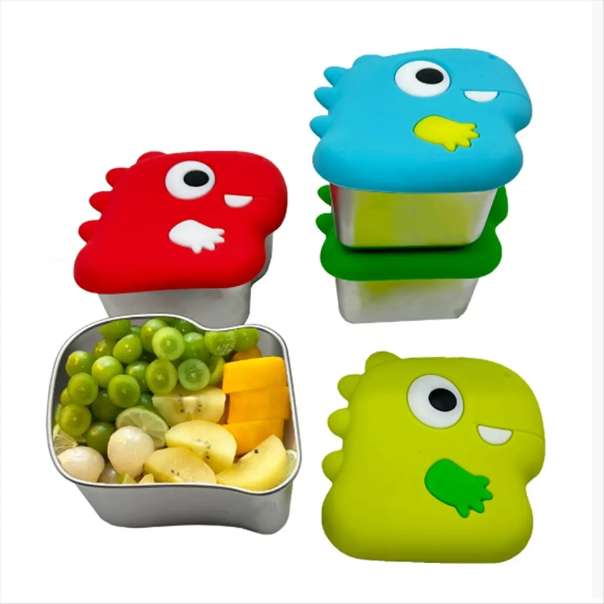 ABJS 304 Stainless Steel Dinosaur Snack Box with Silicone Lid Dip Container Food Storage -Keeping Box Sealed Snack Cup A
