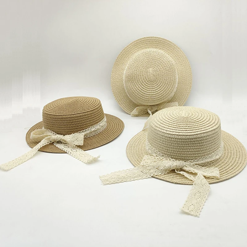 

Summer Children's Breathable Sunscreen Straw Hat Flat Top Tie up Fashion Small Top Hat Versatile Sun Hat Outdoor Beach Hat