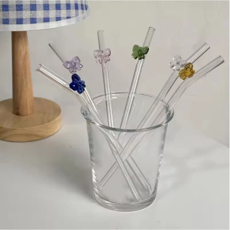 1pc 8mm Glass Straw, Reusable Drinking Straws Cute Butterfly Heat-Resistant Straw for Festival Party Wedding Cocktail Bar Beachs