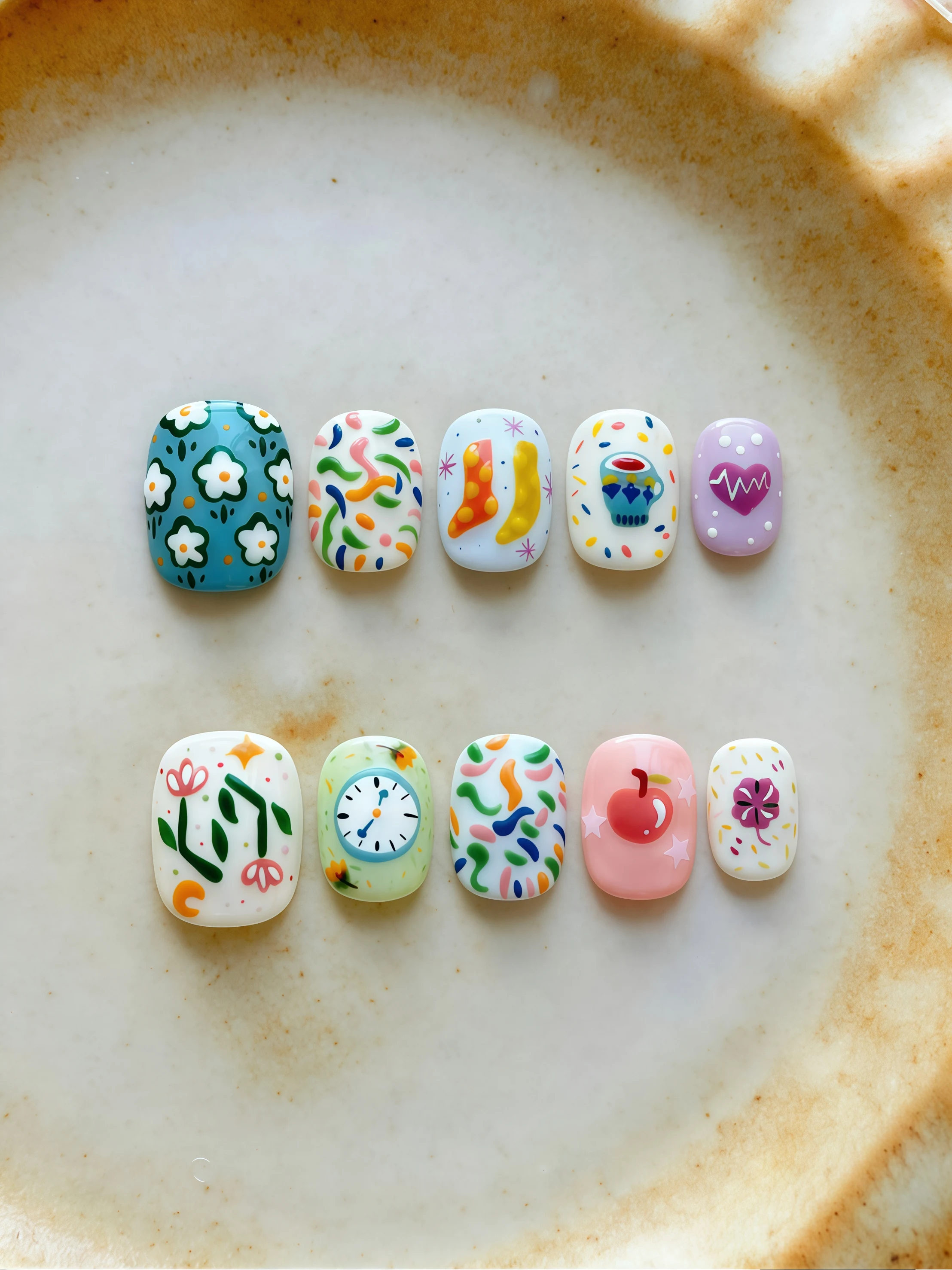 10-Piece Set of Short Square Round Press-On Nails, Retro Clock and Apple Pattern Fake Nails, Colorful Sugar Stick Cartoon Fairy Tale Graffiti Nail Stickers, Playful Little Flower Designs, Suitable for Everyday Campus Wear