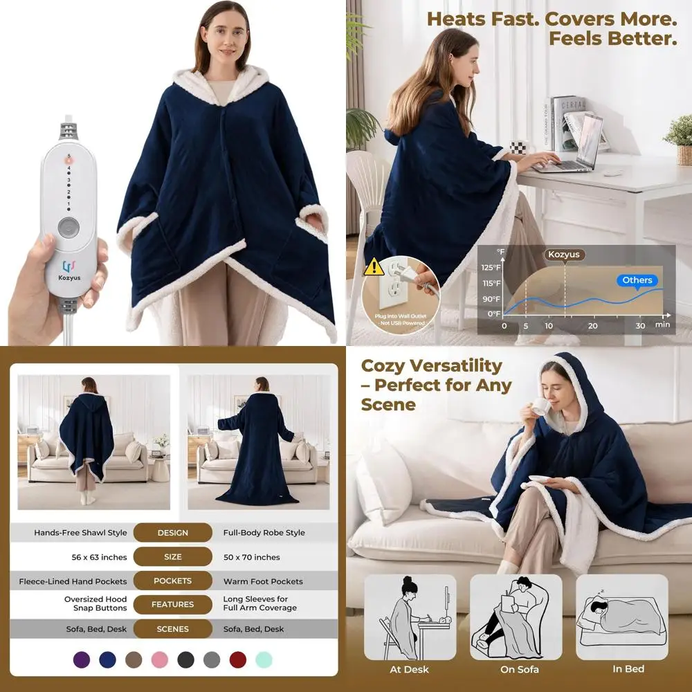 

Electric Heated Blanket with Hood & Pockets, 5 Temps, Auto-Off, Washable, ETL Certified, 56x63 Navy