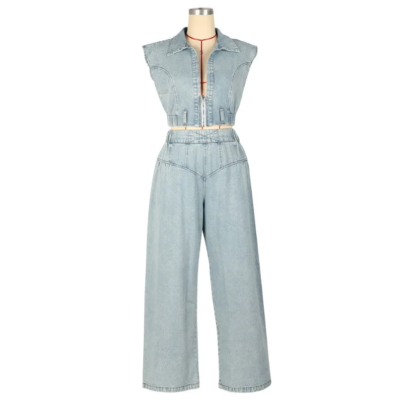 Mulheres verão denim 2 peça conjunto turn down collar sem mangas zíper colete colheita topos + cintura elástica calças de perna larga solto jeans terno
