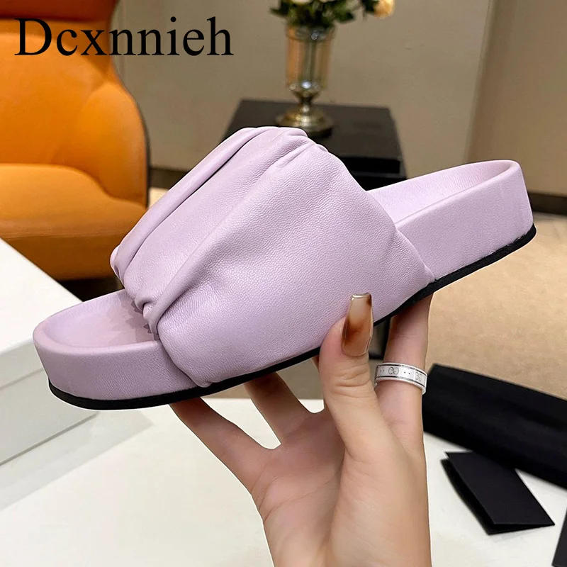 

New Open Toe Genuine Leather Flat Slippers Women's Solid Color Fold Design Thick Bottom Slippers Summer Outdoor Vacation Shoes