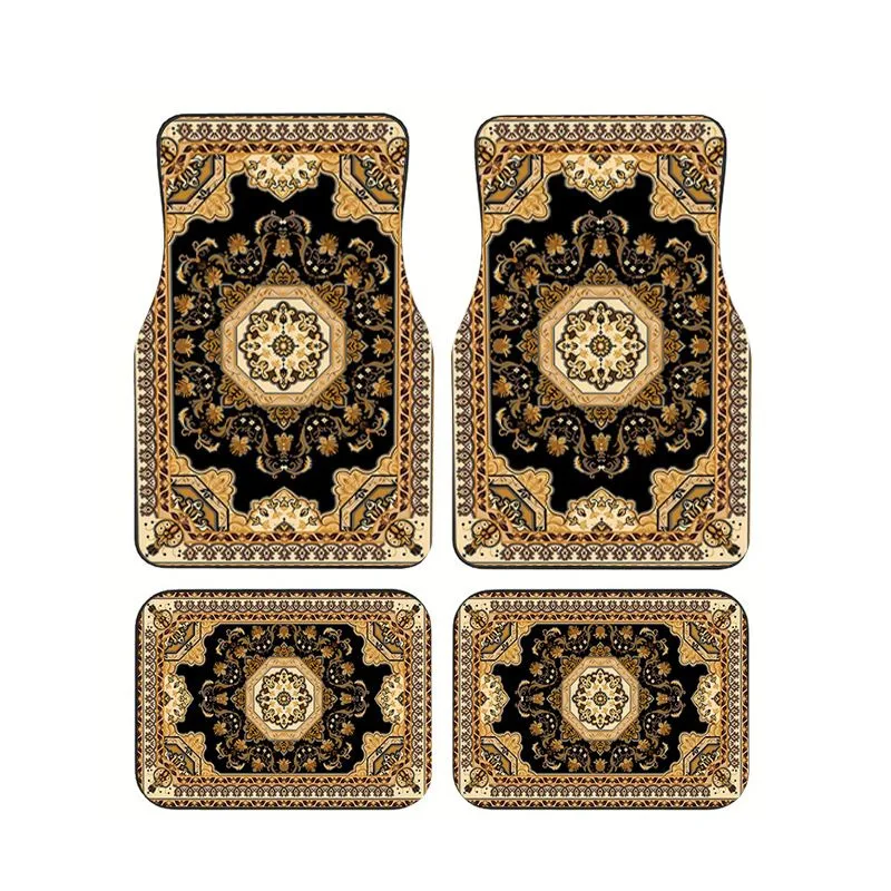 

Black Gold Geometric Persian Car Floor Mat 4pcs Vintage Luxury Style Universal Auto Foot Mats Non-slip Anti-dirt Durable Carpet