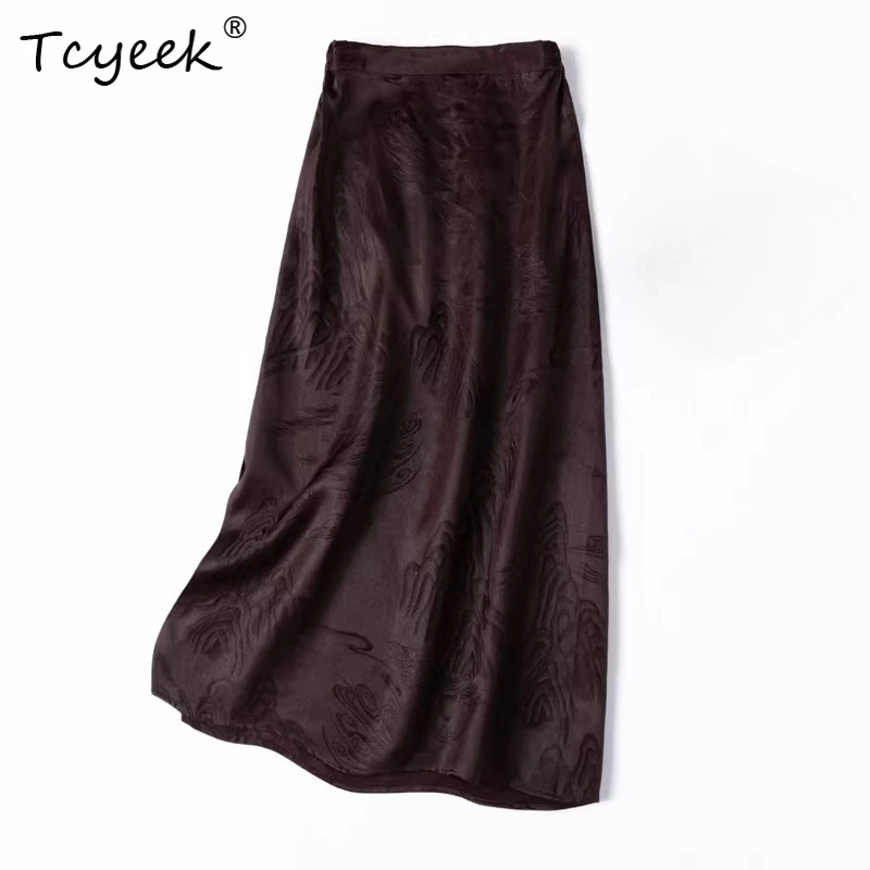 Tcyeek 45Mm 100% Natural Mulberry Silk Vintage Skirt Woman Clothes Summer Skirt Elegant Skirts for Women 2026 Split Юбка Женская