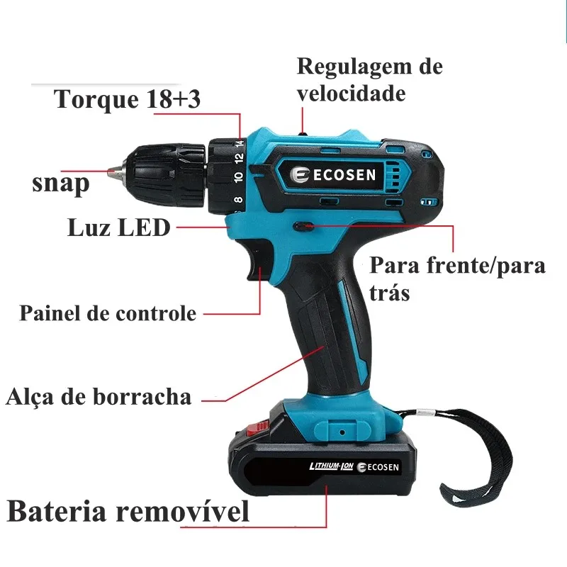 21v Impact Electric Drill with 2 Batteries, Case, and Accessories - 1700RPM