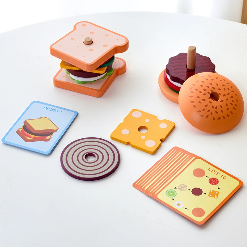 Children Pretend Play Kitchen Toys Hamburger Sandwich Simulation Food Matching Games Montessori Educational Wooden Stacking Toys