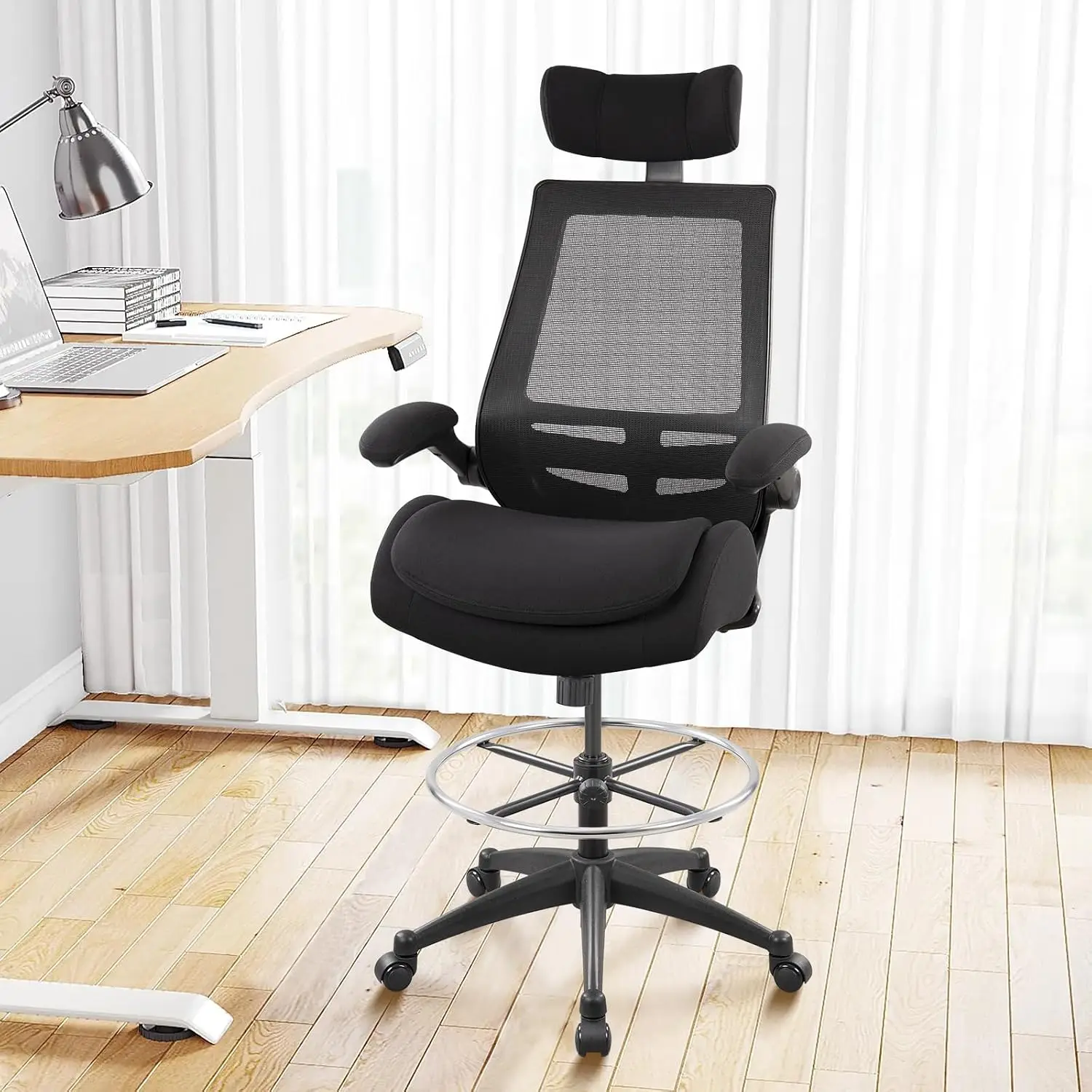 Ergonomic Drafting Tall Office Chair for Standing Desk with Flip-Up Arms Headrest Footring, Customized