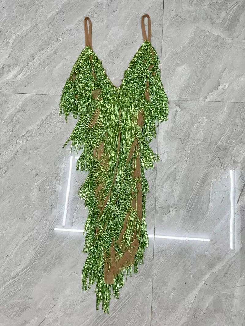 ฤดูร้อน Suspender ลึก V Fringed Multi-สีชุดราตรีบาร์ไนท์คลับเต้นรําเวที Live Talent Robes Bal De โปรโมชัน