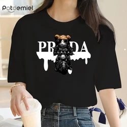 Women's Fashion Crew-Neck Bear on Motorcycle Print Summer Trend Women's Y2K Top Trend Breathable Crisp Short Sleeve T-Shirt