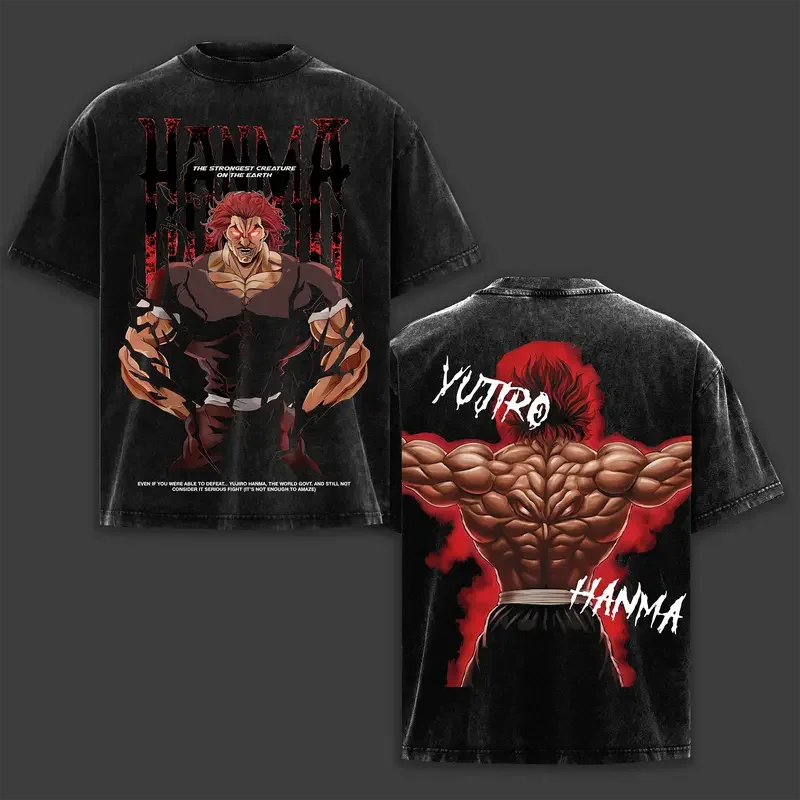 Baki Yujiro Hanma Printed Tee Men Women Washed Cotton T-shirts Manga Vintage T Shirt Harajuku Male Summer Short Sleeve Tshirt