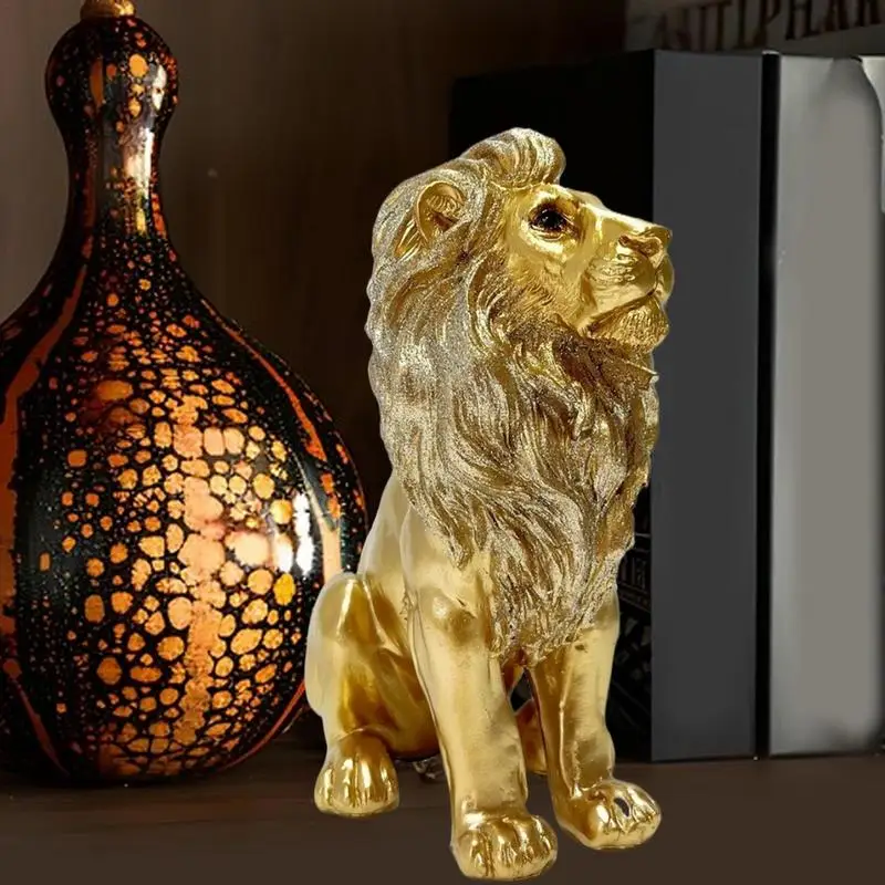 

Resin Golden Lion Figurines Fengshui Ornament Lion Animal King Statues For Desktop Luxury Home Living Room Office Decoration