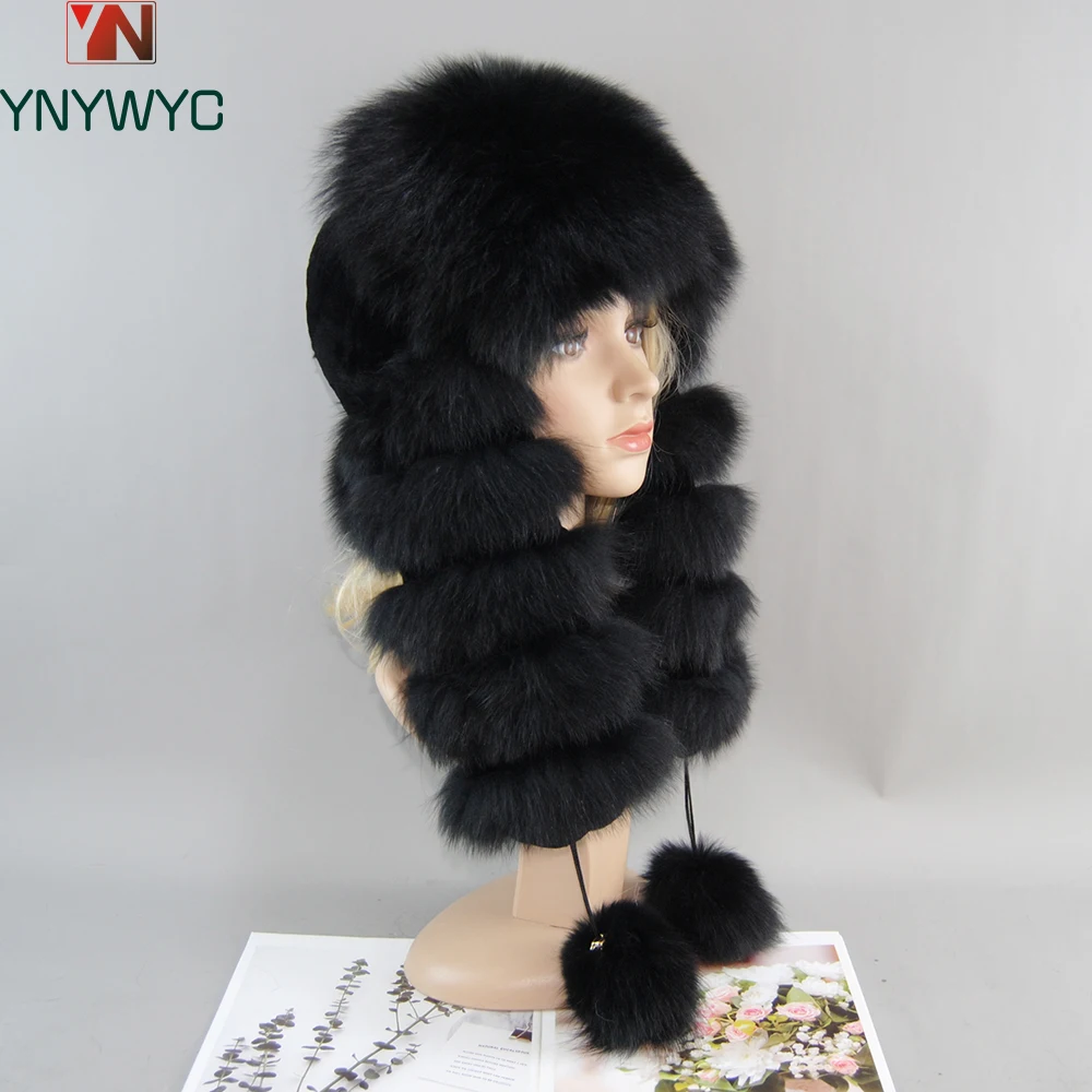 2025 Luxury Fashion Real Fur Hats Natural Fox Fur Russian Hat Ushanka Women Winter Warm Fluffy Popular Style Female Tail Cap