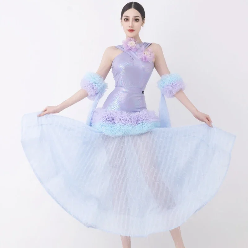 

Women'S Latin Dance Costume Adults Latin Dance Competition Clothing Purple Laser Top Ballroom Dance Skirt Stage Wear SL12840