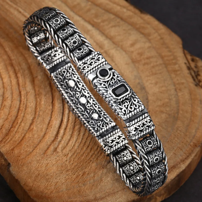 925 Sterling Unisex Rotating Bead Woven Bracelet, Thai Silver Vintage Jewelry