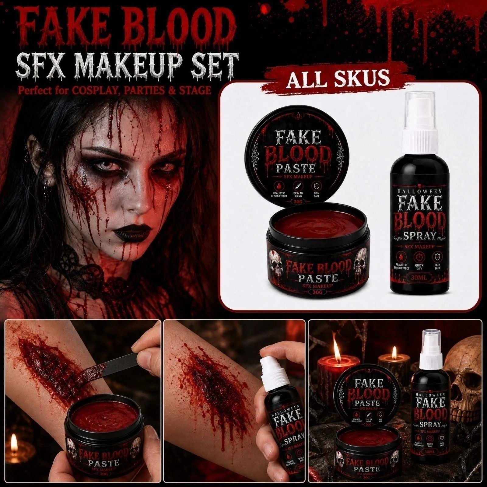 Halloween Horror Blood Makeup Kit - Fake Blood Spray + Fake Blood Cream, Halloween Cosplay Party Fake Blood Props
