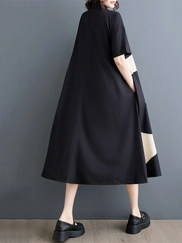 Patchwork Contrast Color Vintage Shirt Dresses For Women New Short Sleeve Loose Casual Dress Fashion Elegant Clothes Summer 2026