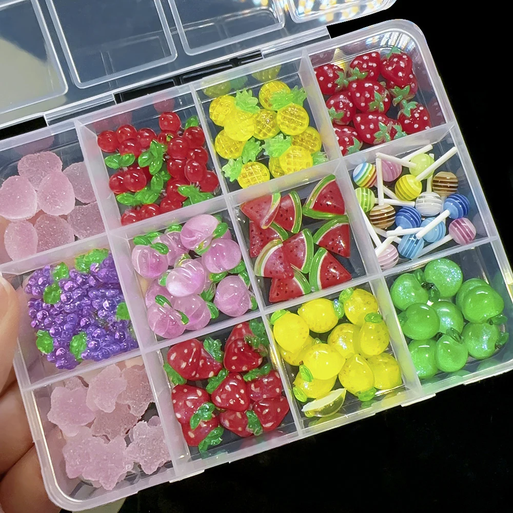50-120 pièces 3D résine été fruits ongles breloques en boîte 11x9mm cerise/pastèque/fraise/citron Nail Art bricolage cristal fruits ongles partie