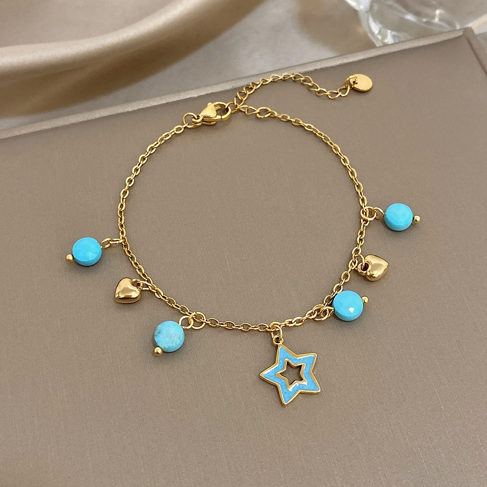 

DODOHAO New Waterproof Gold Color Stainless Steel Chain Bracelet Women Bohemian Star Heart Pendant Charm Bracelet Jewelry Gift