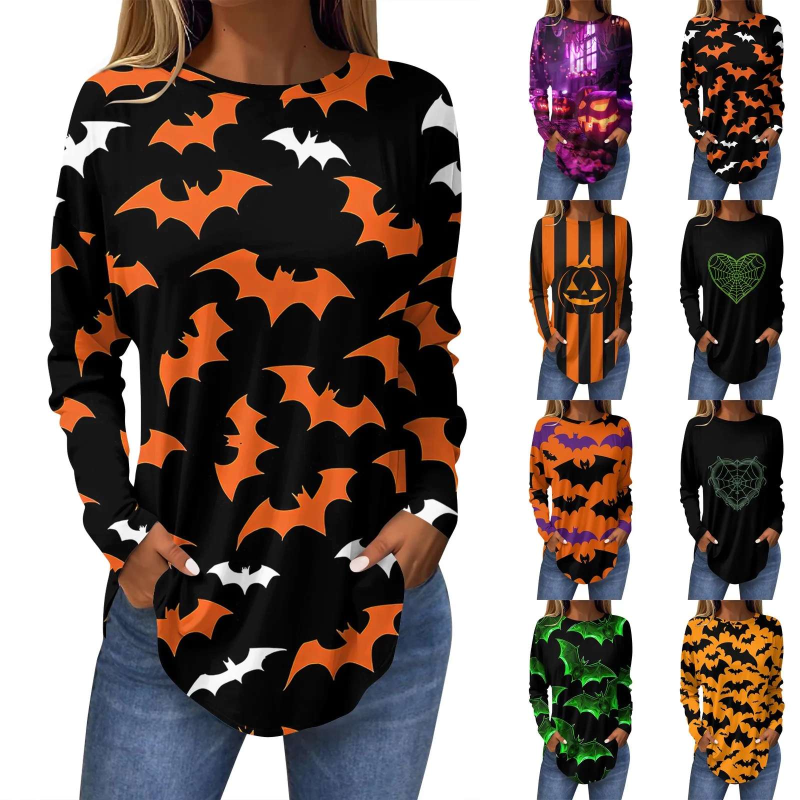 توب فضفاض برقبة دائرية للنساء ، طباعة الهالوني ، أكمام طويلة ، تنحنح منحني ، بلوفر أساسي ، قمم تناسب كل شيء ، الربيع والخريف