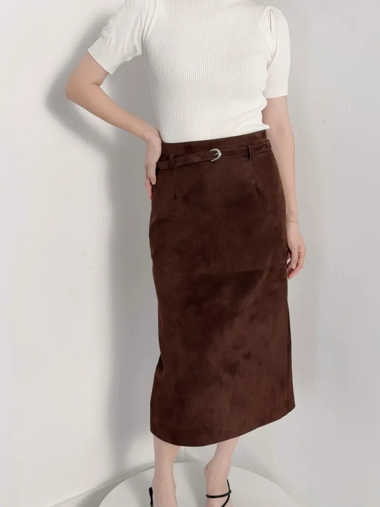 Office Lady Elegant High Quality Suede Genuine Leather Long Skirt High Waist Sashes Back Split Straight Vintage Mid Calf Skirts