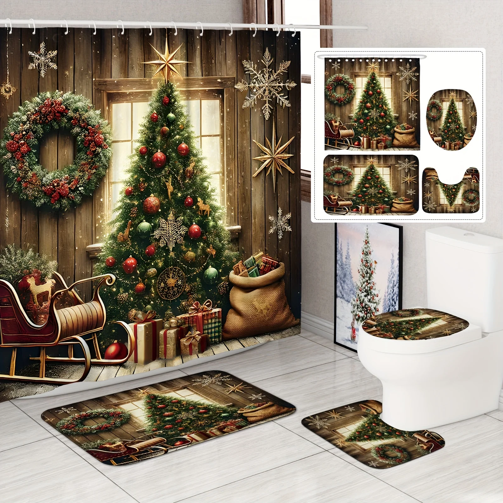 

4 шт., набор зимних занавесок для рождественской елки, с крючком и U-образным чехлом на сиденье унитаза, аксессуары для ванной комнаты, рождественские украшения