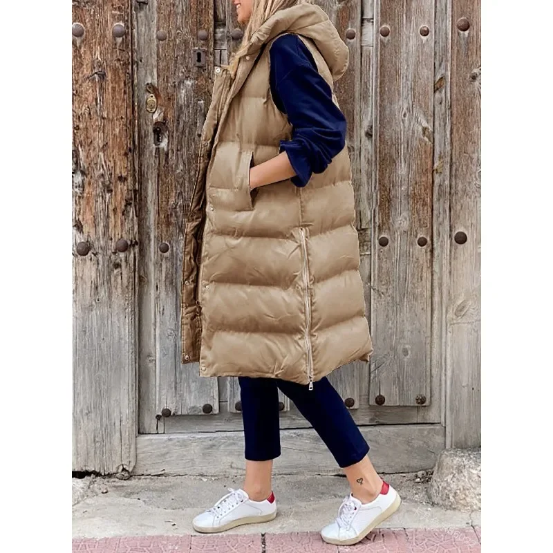 Women Hooded Vests Jackets Winter Long Cotton Vest Casual Fashion Coats Outwear Single-breasted Sleeveless Jacket Keep Warm