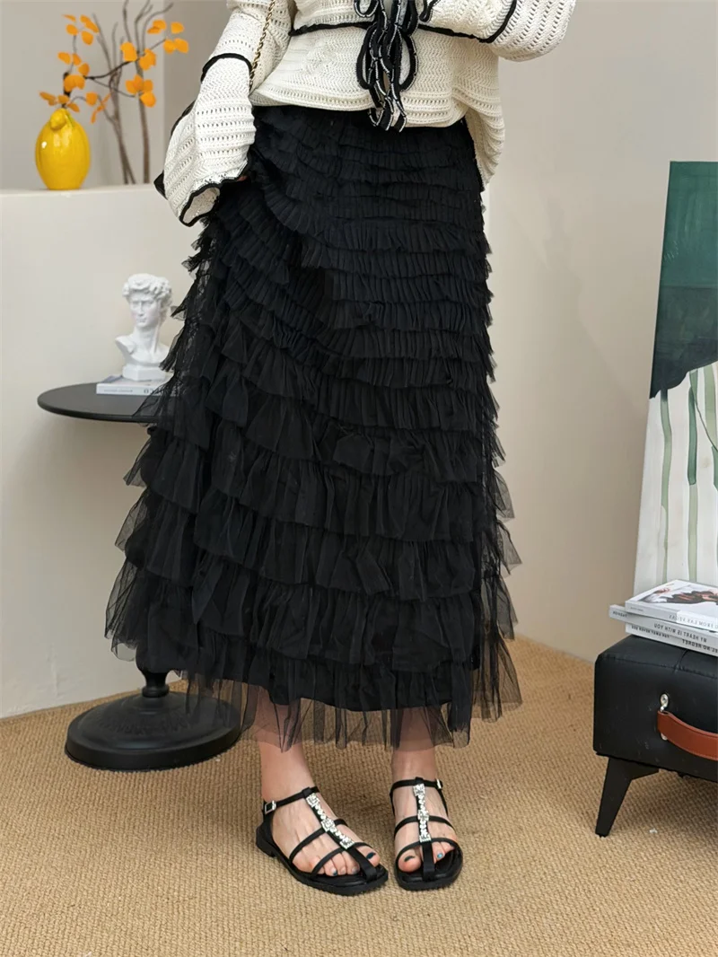 

Универсальная черная тюлевая юбка для женщин, весна-лето, с эластичной талией, утягивающая, средней длины, из плотной сетчатой ткани, многоярусная юбка-кейк