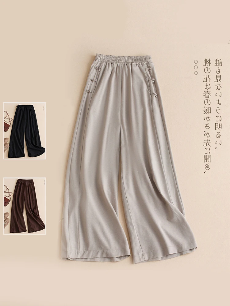 Spring Summer Vintage Button Cotton Linen Casual Pants plus Size Women's Elastic Waist Slimming Versatile Drapey Straight Leg...