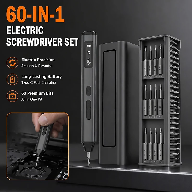 60 IN 1 Professional Power Screwdriver 5 Speed Control Built-in LED Light Hardened S2 Bits Portable Phone Repair Tool Kit