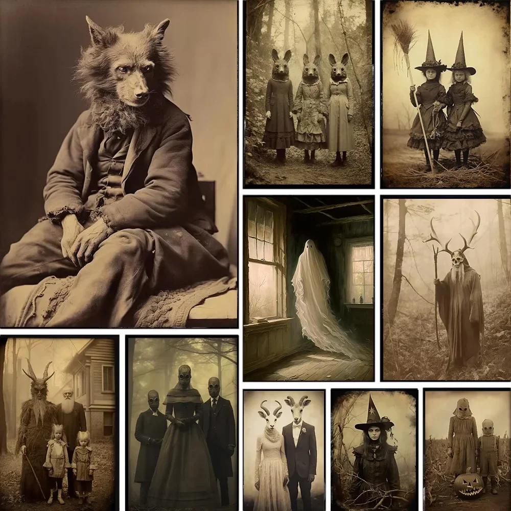(1pc frameless)Dark Academy Art Canvas Poster Halloween Gothic Ghost Witch Monster Devil Wall Art Prints for Modern Living Ro