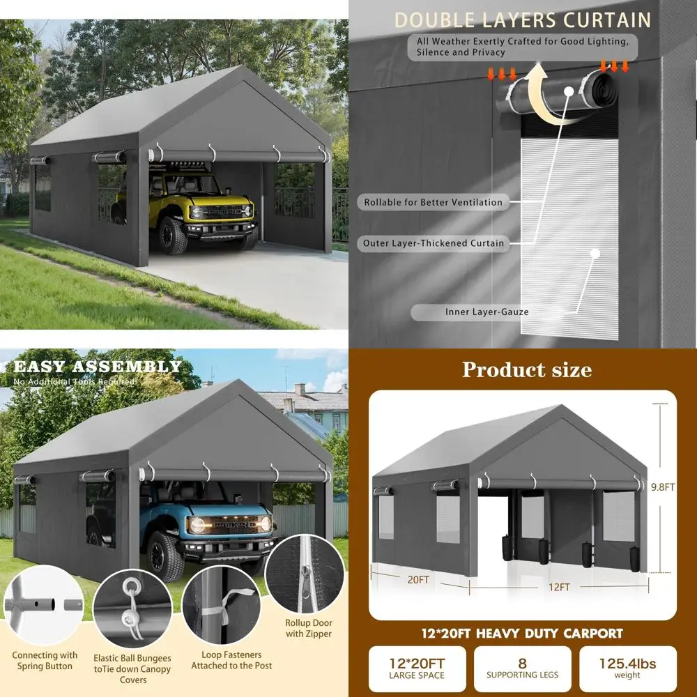 

«Прочный навес для автомобиля длиной 12x20 футов с выдвижными окнами, портативный гараж со съемными боковыми панелями и дверцами».